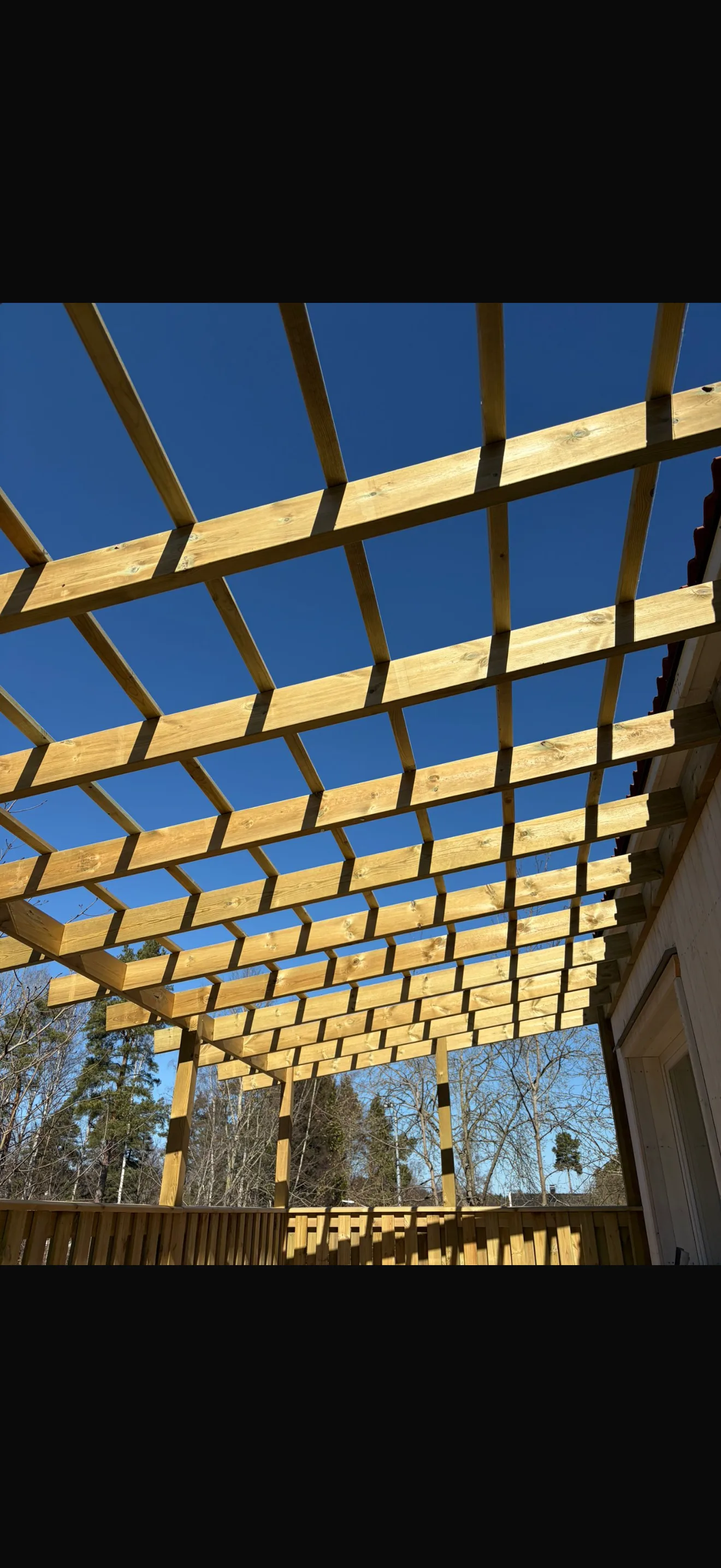 Modern träpergola med geometriska balkar