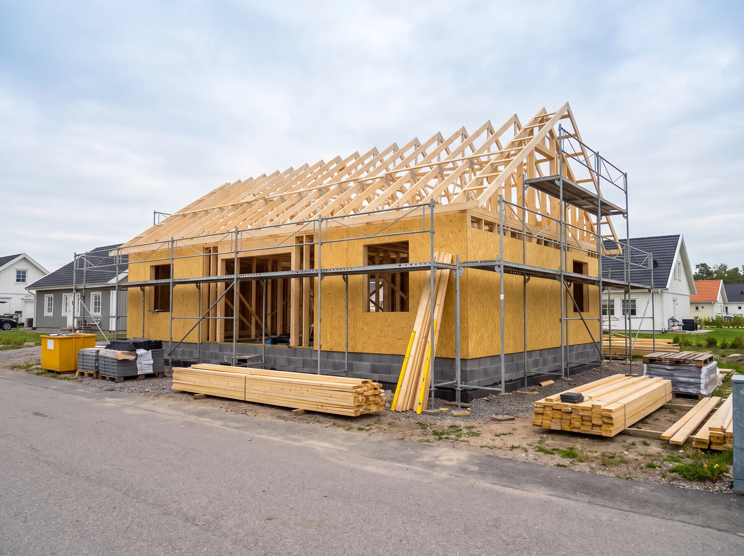Nybyggnation av hus med trästomme och takstolar, byggarbetsplatsen är redo för nästa steg