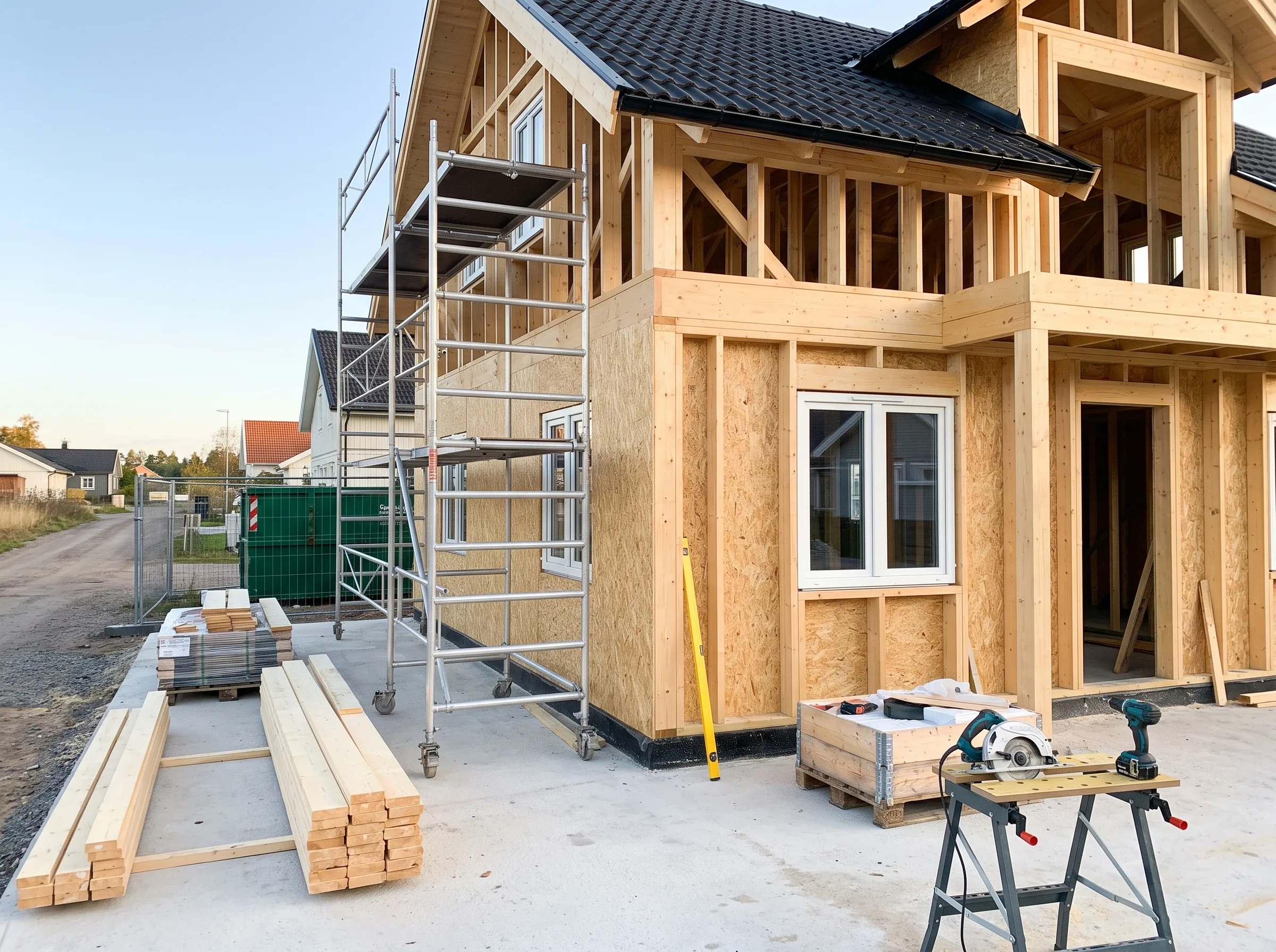 Nybyggnation av hus med trästomme och scaffolding