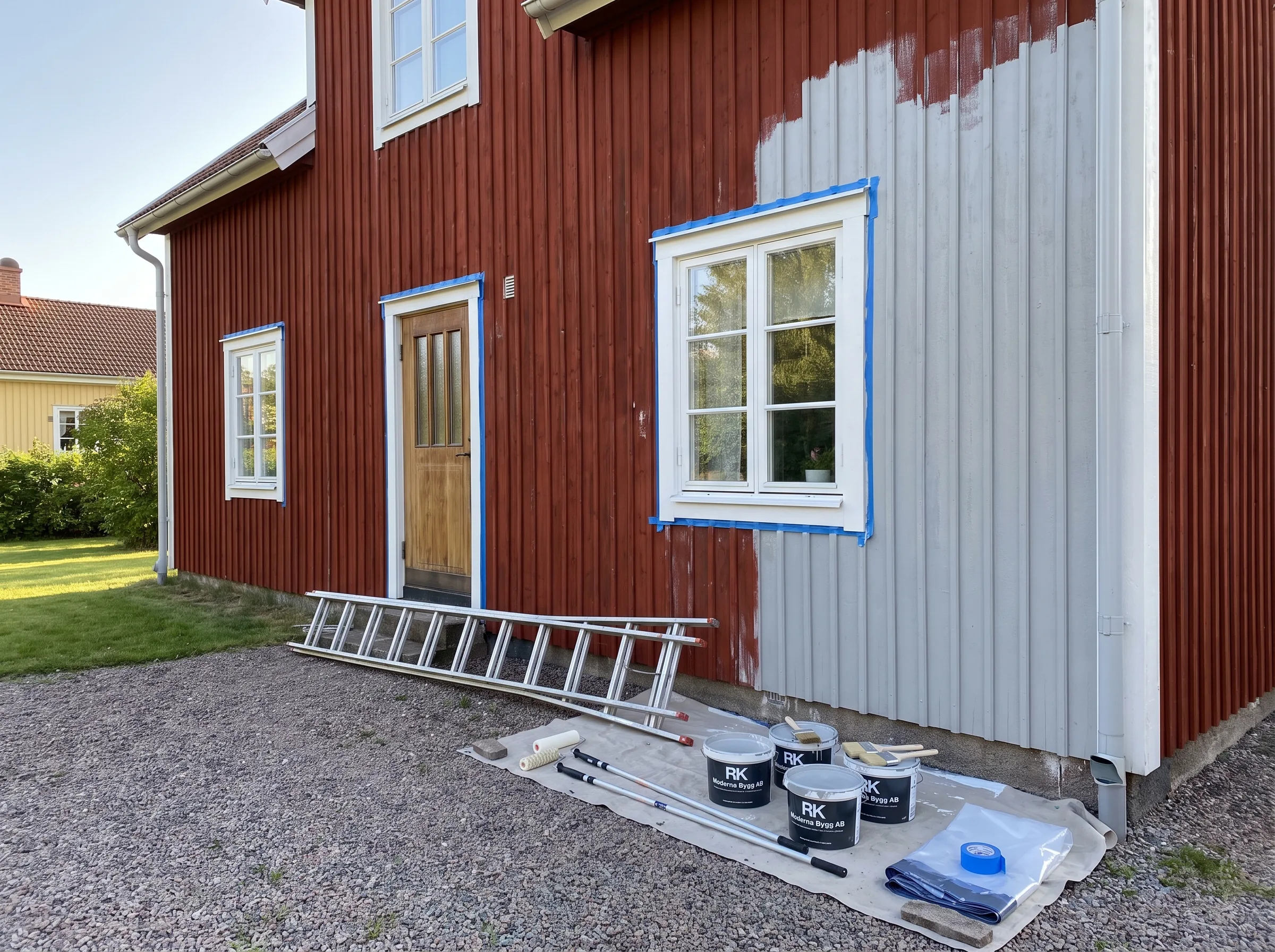 Fasadmålning på en byggnad med röd träfasad och grå panel i förberedelse för målning