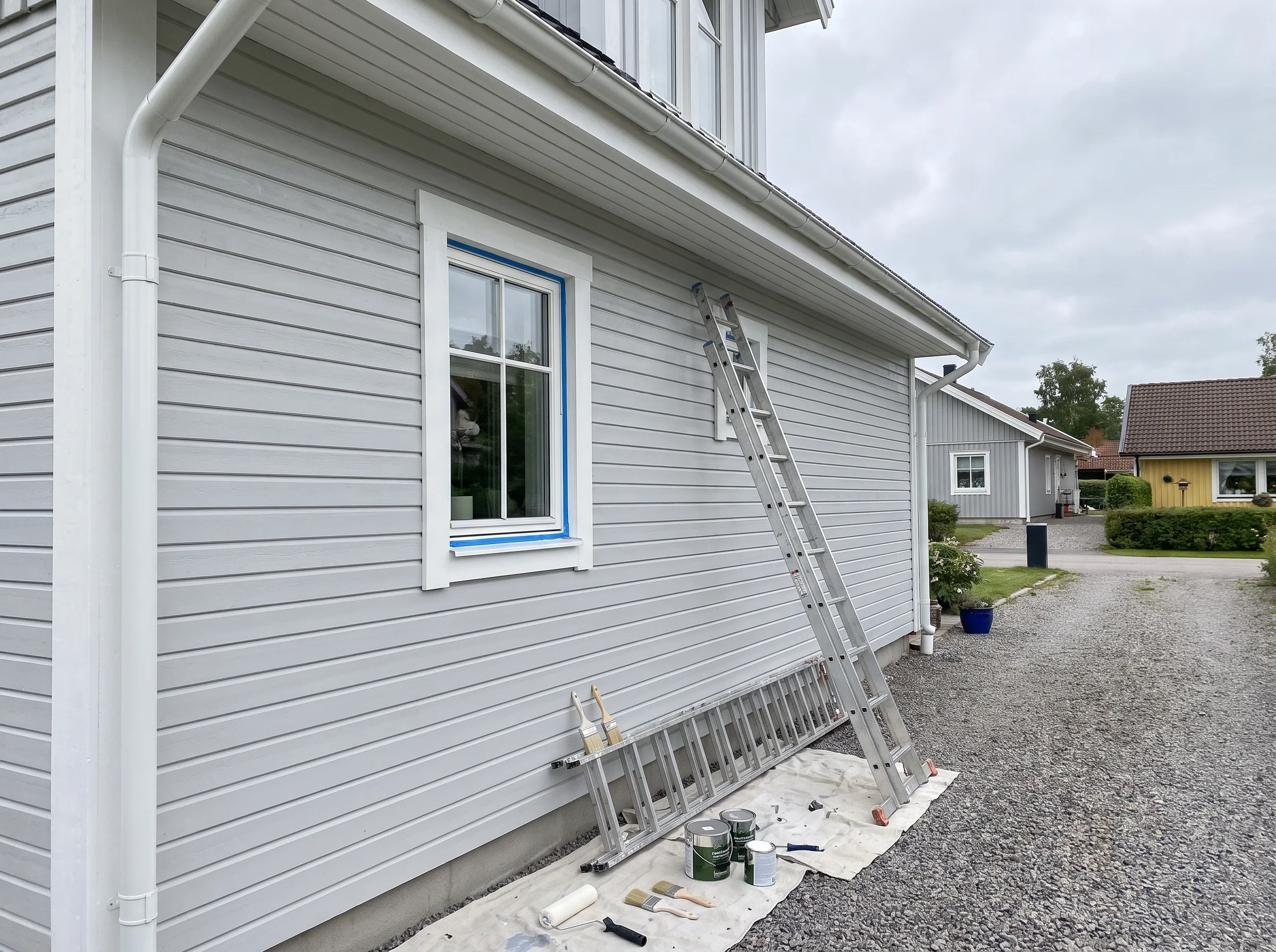 Fasadmålning av ett hus med stege och målartillbehör synliga
