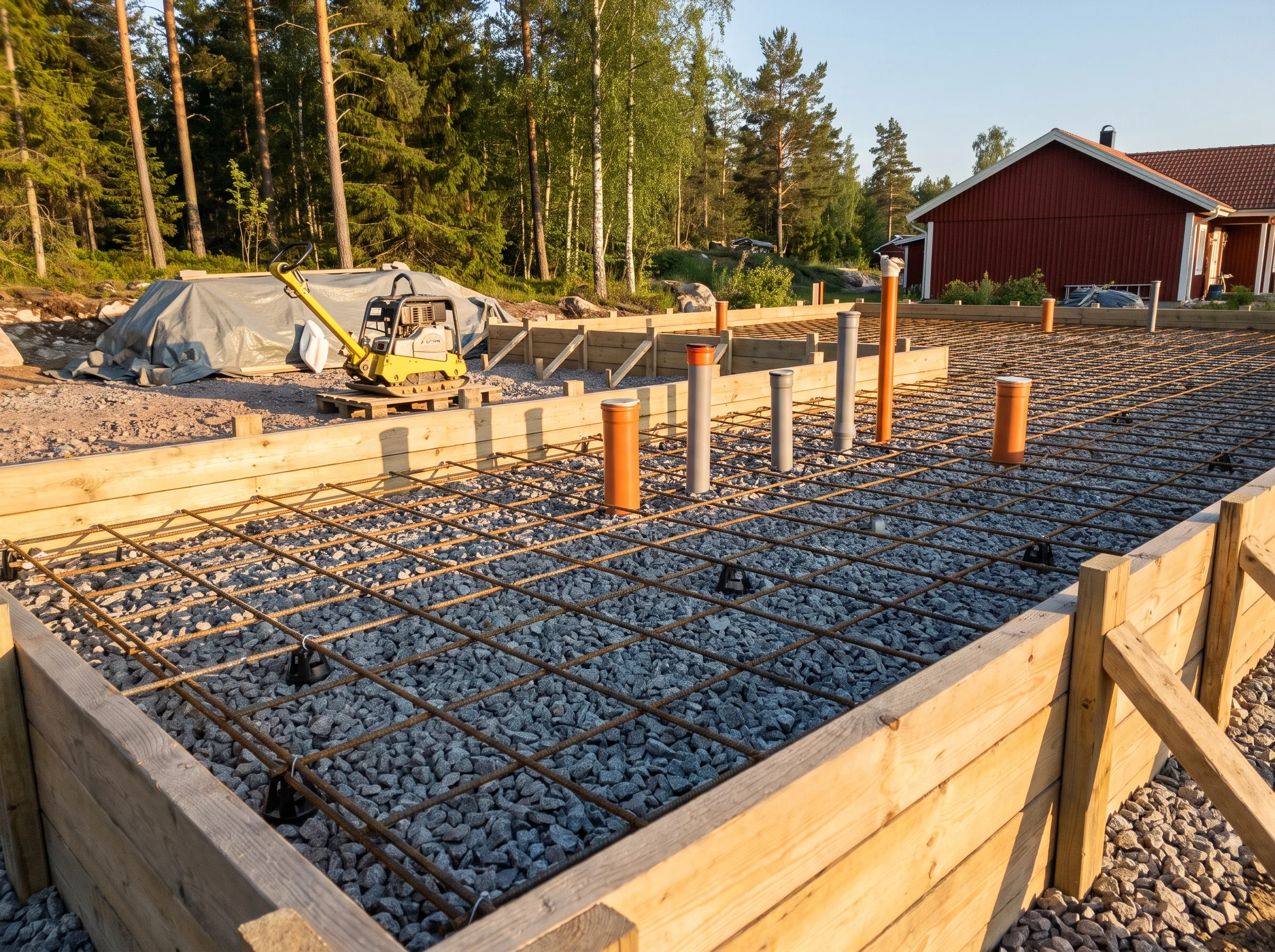 Byggarbetsplats med gjuten grund och armering för nybyggnation av hus