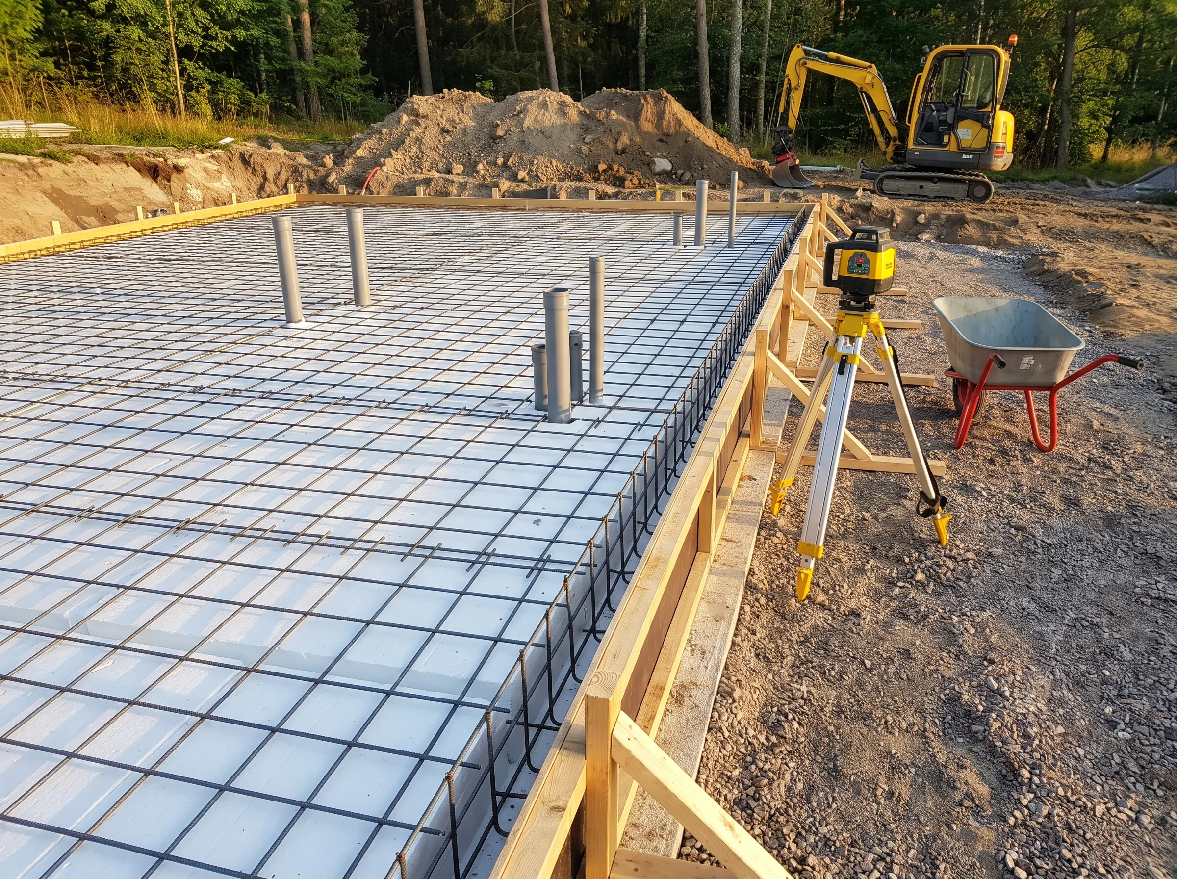 Grundarbete med armering och mätutrustning på byggarbetsplats