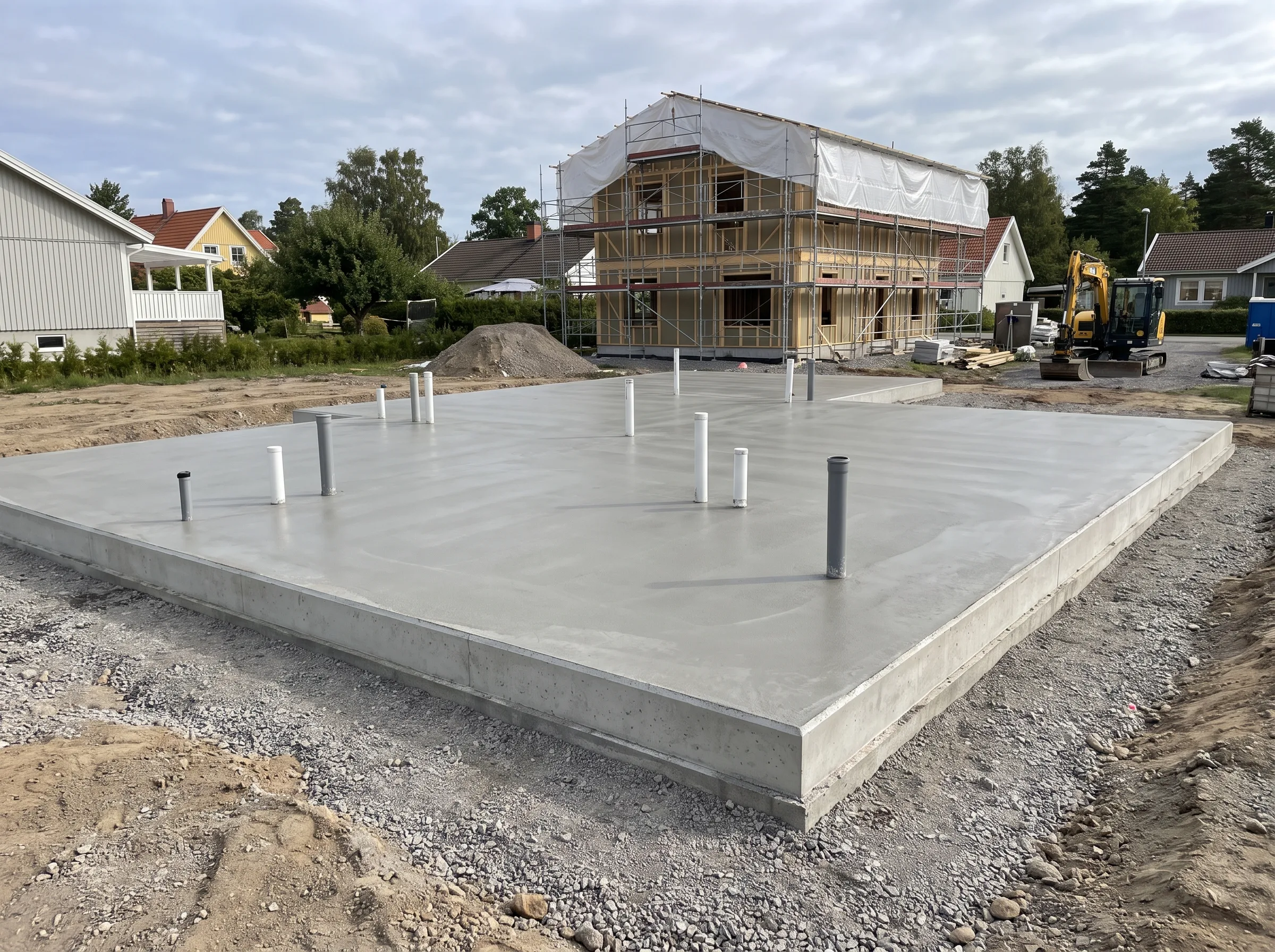 Betongplatta på grundarbete för nybyggnation med rörinstallationer