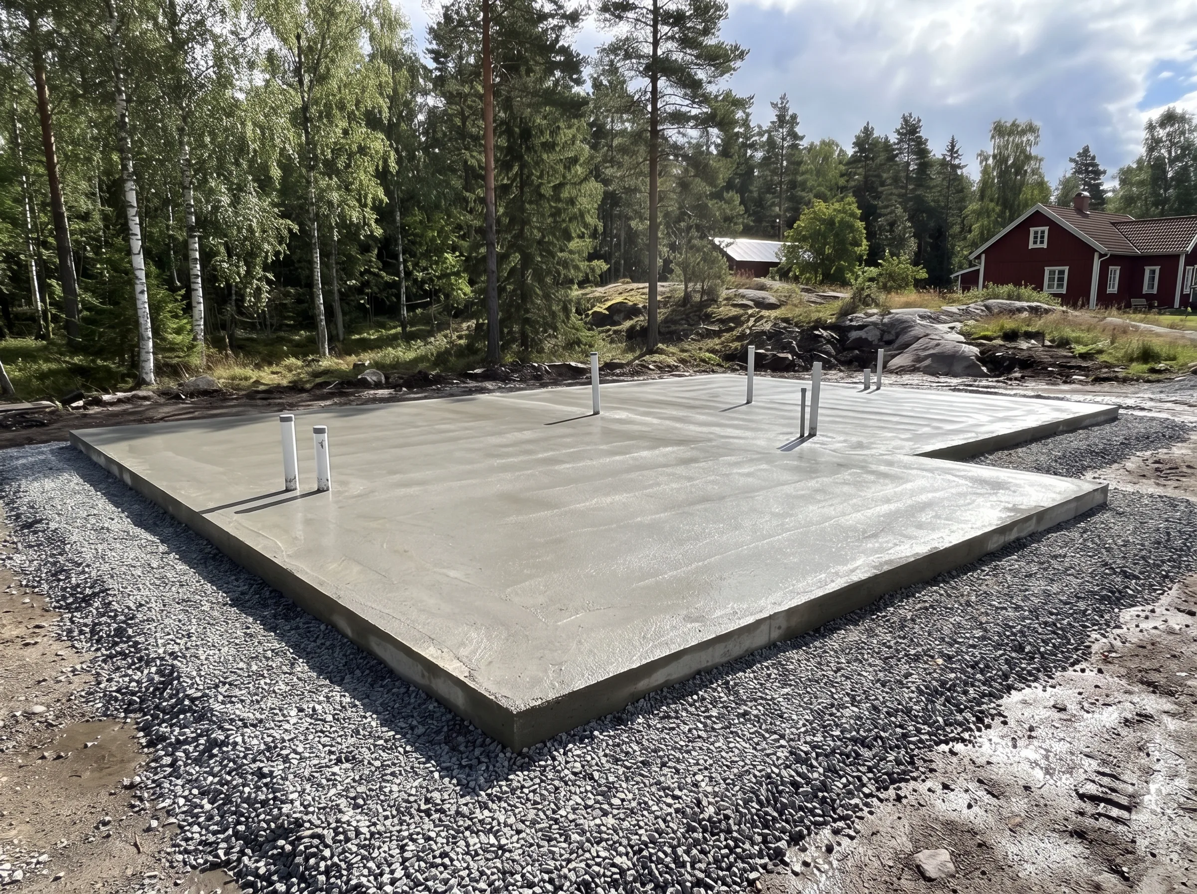 Betongplatta för husgrund redo för byggnation, omgiven av grus och trädseskape